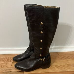 MICHAEL KORS Dark Brown TALL BOOTS w/Gold Button Detail & Full Zip Size 7